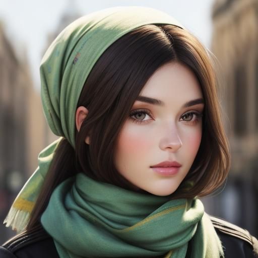 Elegant Brunette Portrait with Hair Scarf
