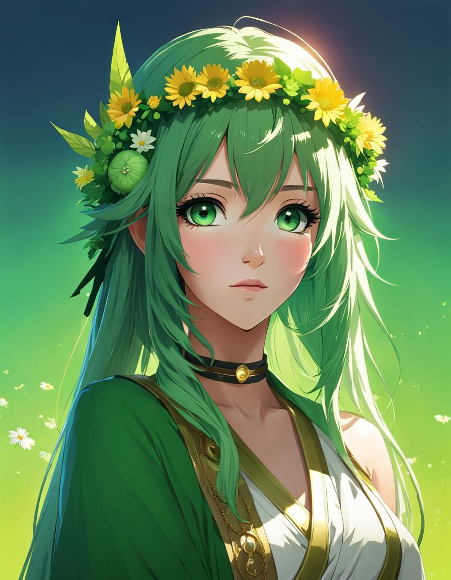 Solarpunk Hippie Princess with Green Flower Crown