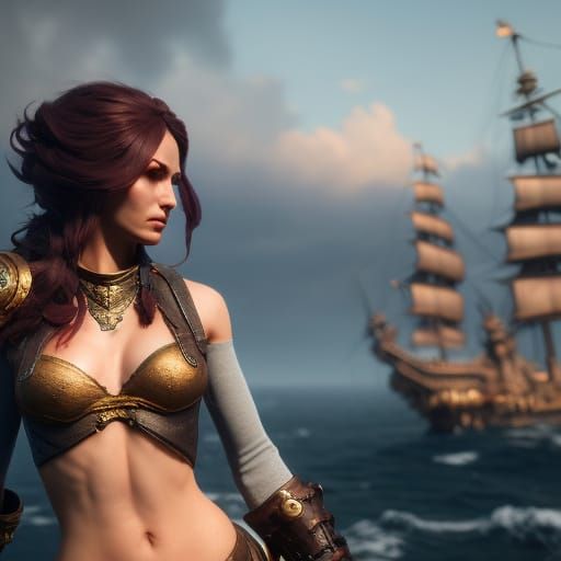 Female Pirate Captain Portrait in Hyperrealism Style