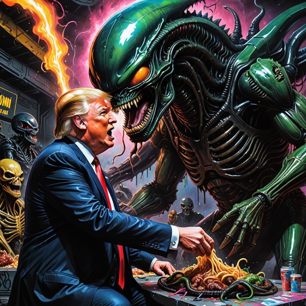 Donald Trump Swallowed by Xenomorph in Graffiti Art