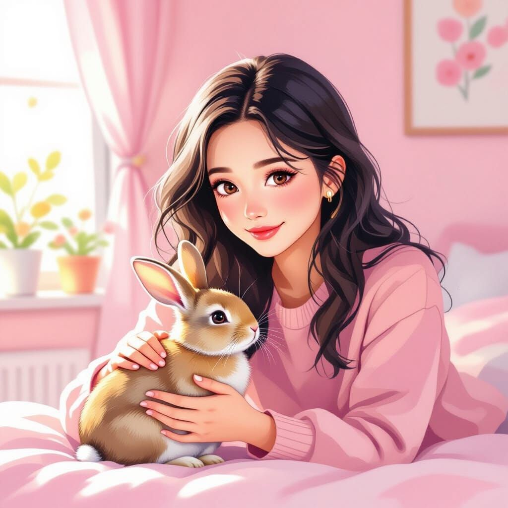 Woman Pets Rabbit in Pink Room, Watercolor Style