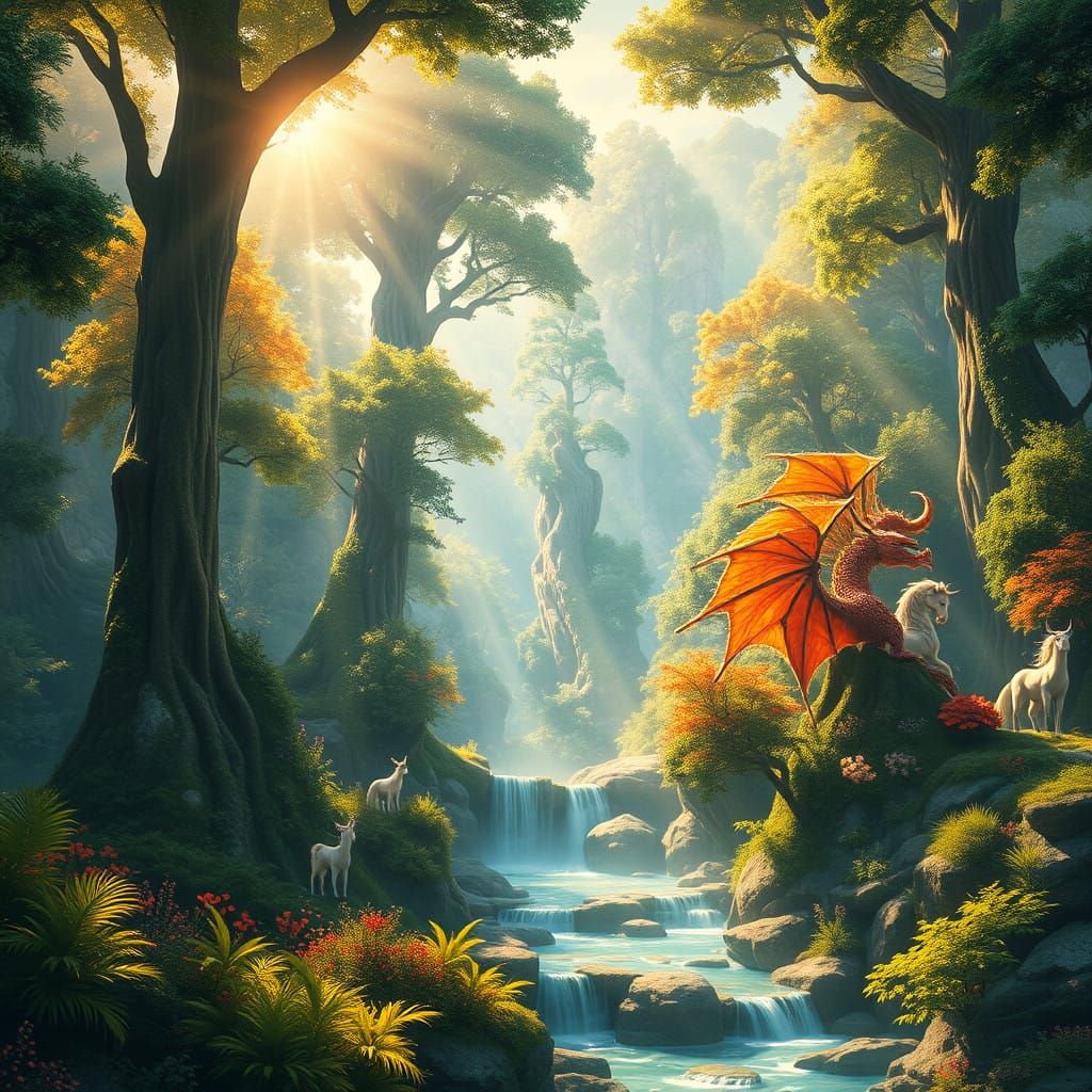 Vibrant Forest Realm with Mythical Creatures and Sunlit Casc...