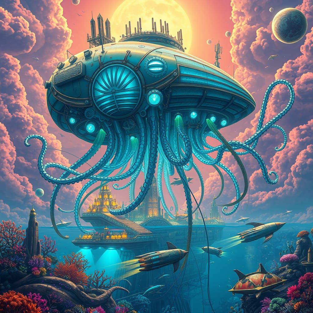 Steampunk Jellyfish Airship Over Solarpunk City