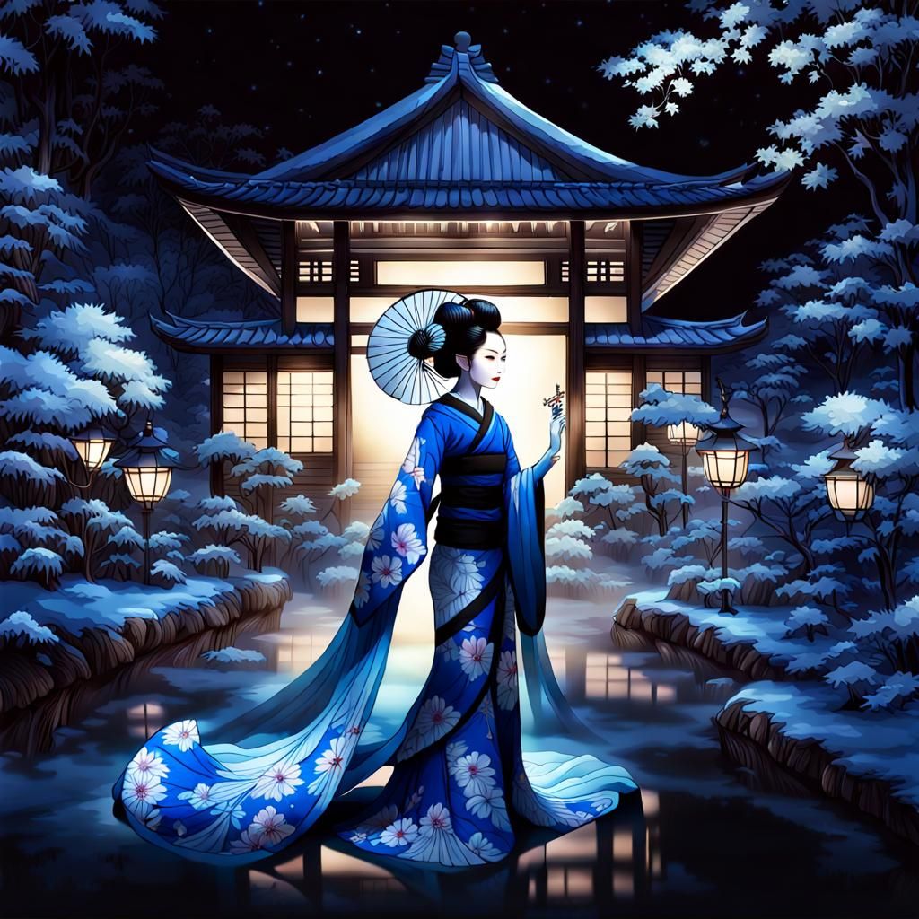 Ethereal Glowing Geisha in Luminous Gothic Garden