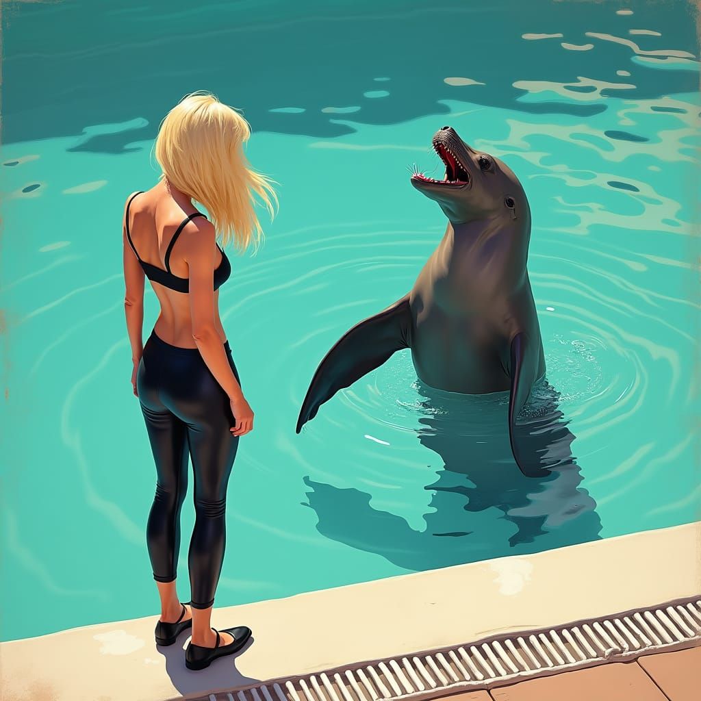 Sultry Woman Surprised by Playful Sea Lion at Pool's Edge