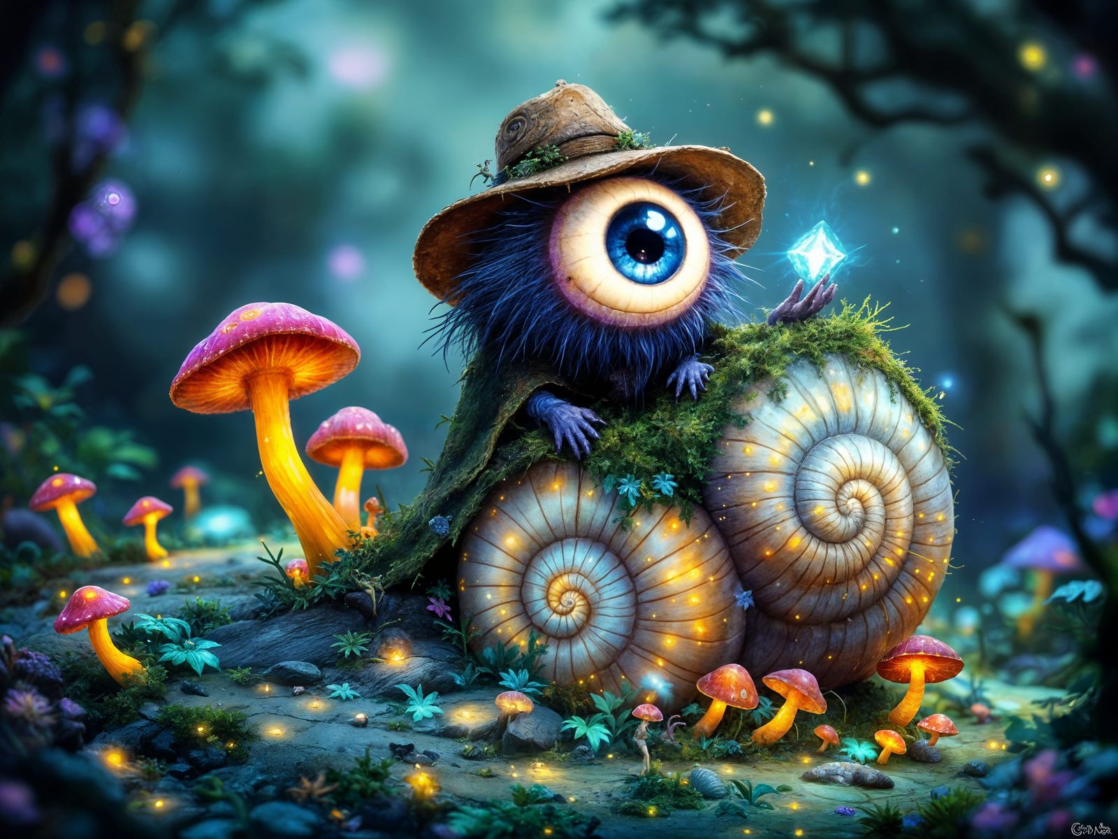 Eyeball Monster on Bioluminescent Snail Shell