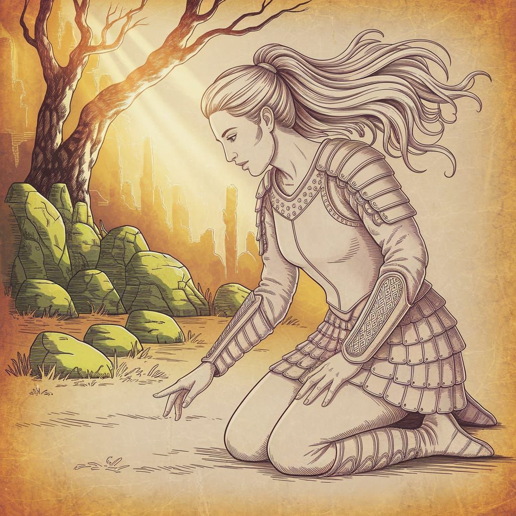 Warrior Woman Line Drawing on Aged Parchment