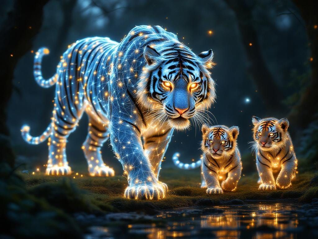Glowing Thread Tigers in Mystical Forest Scene