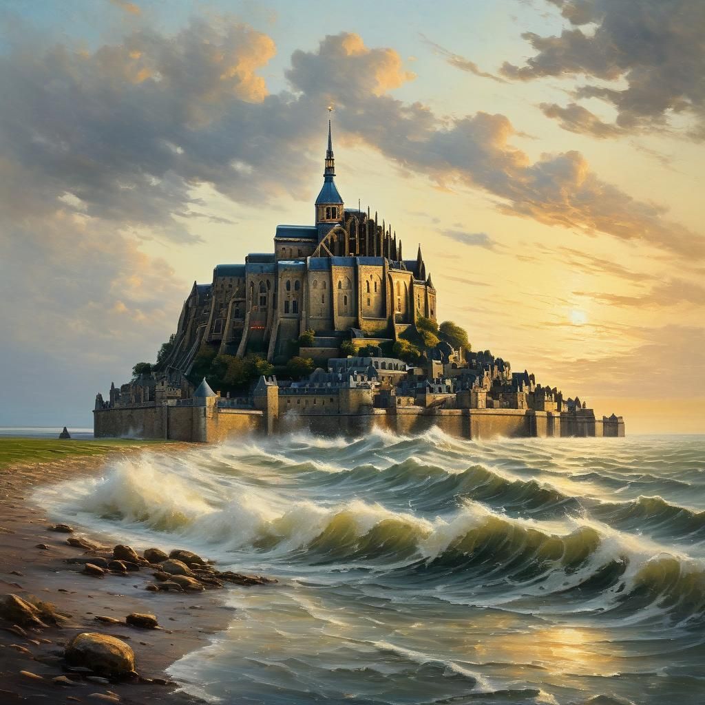 Mont-Saint-Michel Abbey at High Tide, a Romantic Oil Paintin...