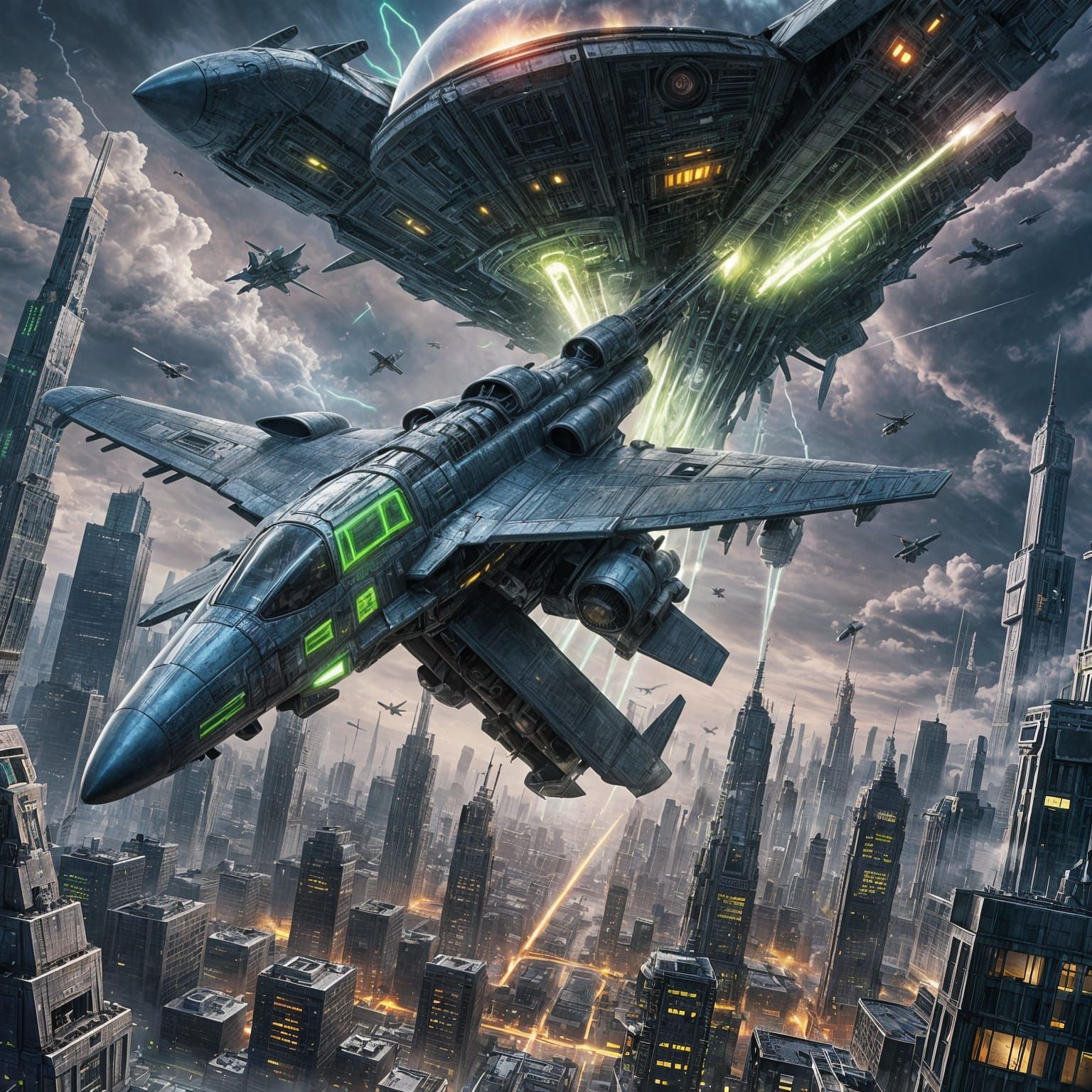 Cyberpunk Alien Guitar Jet Ascends Metropolis