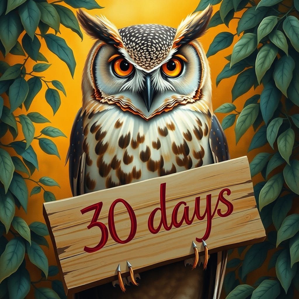 Majestic Owl Grasps Sign in Impressionist Style