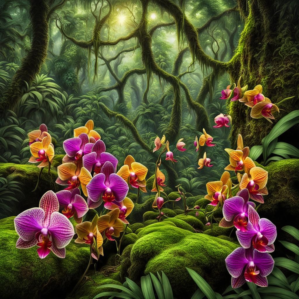 Vibrant Orchids in Lush Hyperrealistic Rainforest