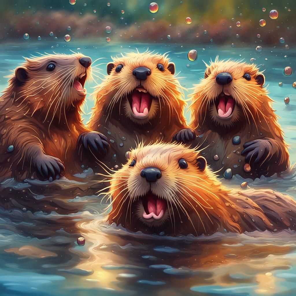 Hilarious Wet Beavers Splashing: Vibrant Oil Painting