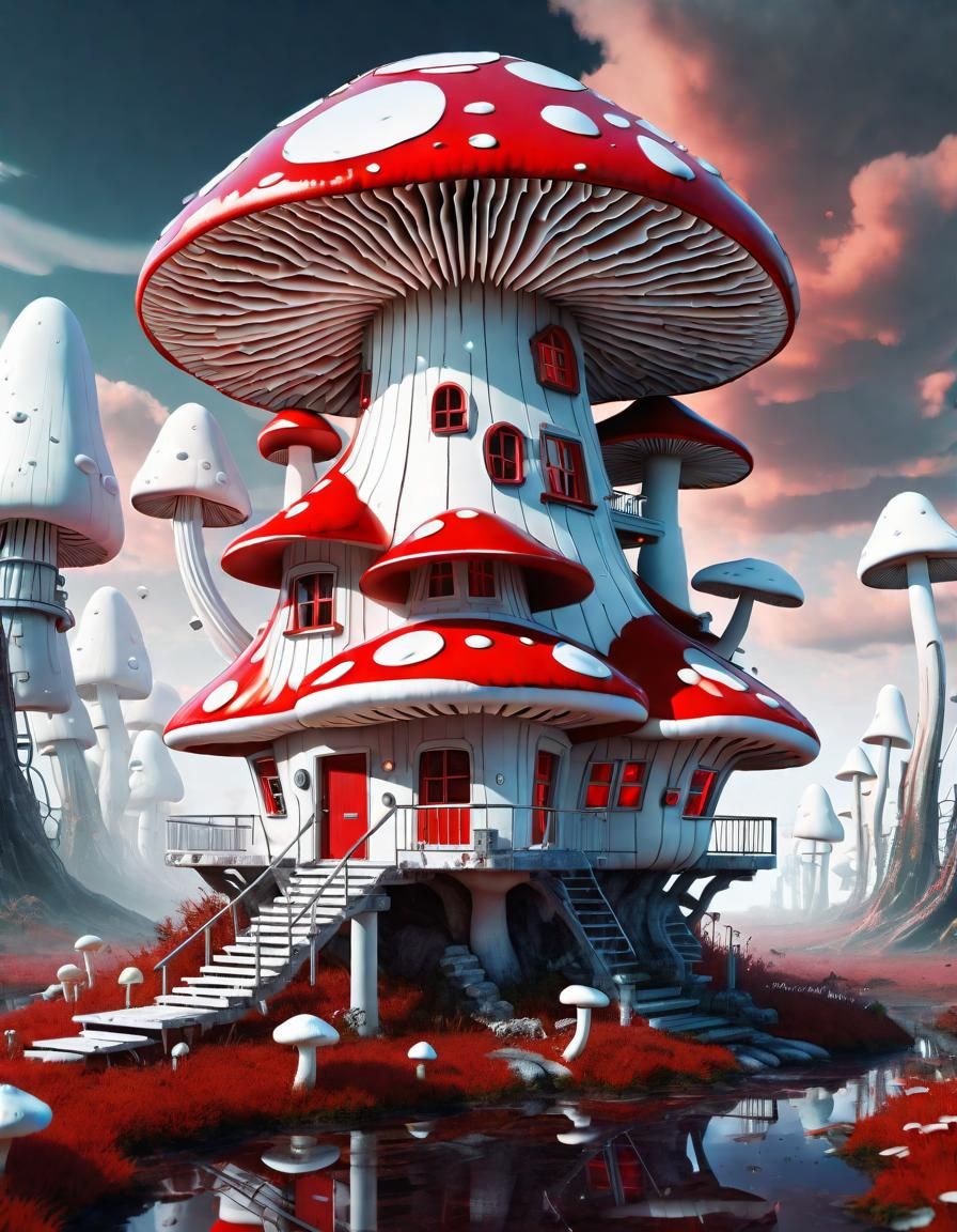 Futuristic Mechanical Mushroom House in Hyperrealistic Anime...