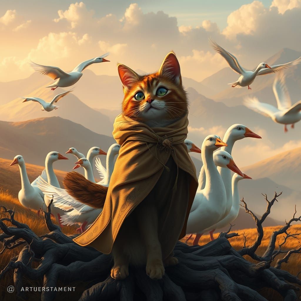 Whimsical Feline Herds Iridescent Geese in Dreamy Landscape
