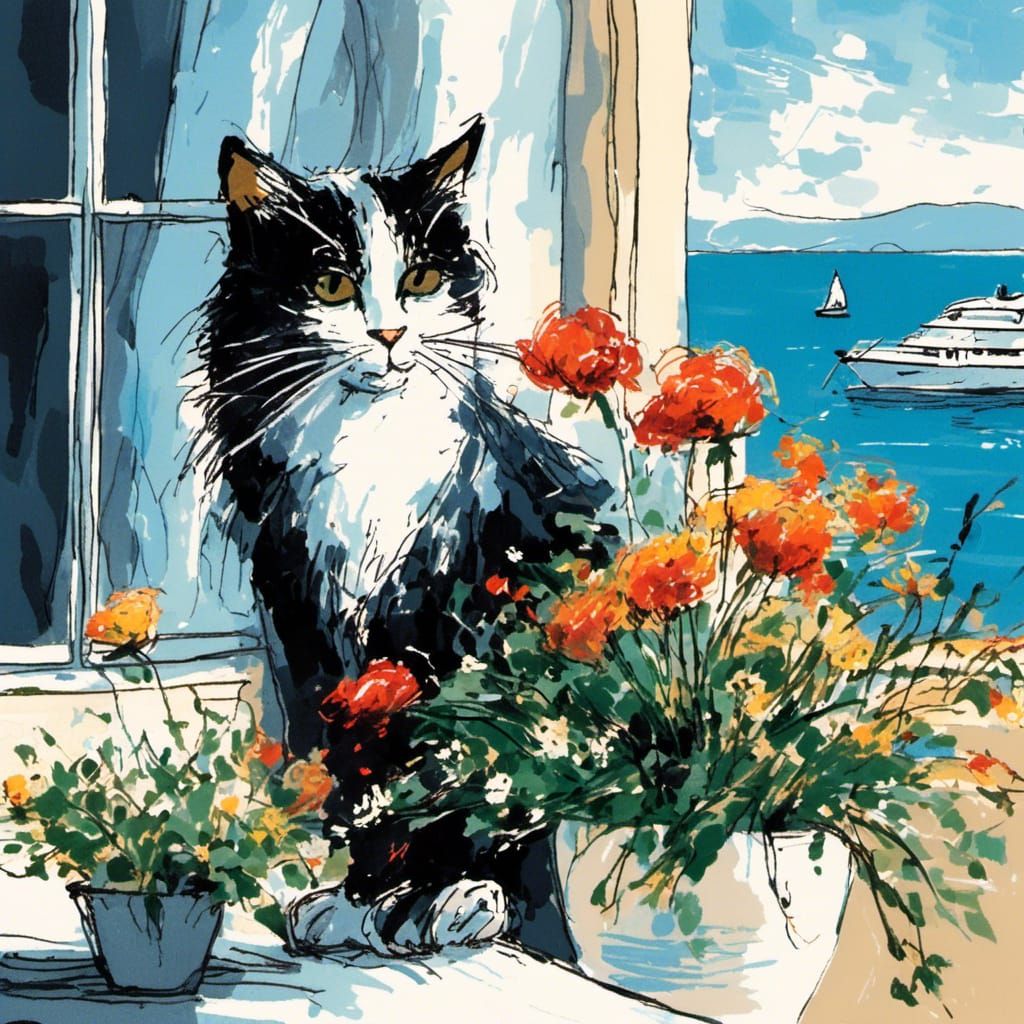 Stick Figure Cat Gazing at Athens Port