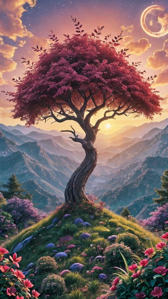 Magical Twisted Tree Digital Artwork at Sunset