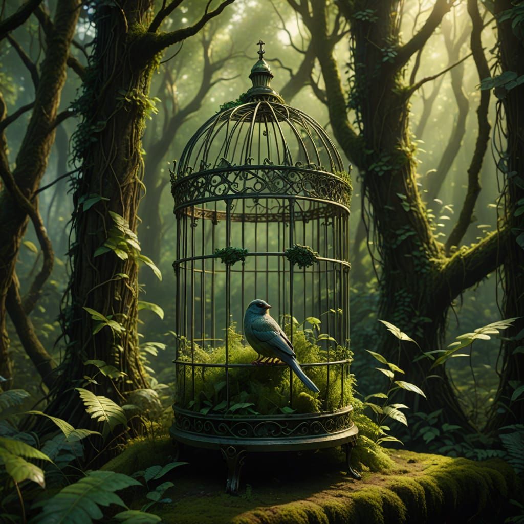 Enchanted Birdcage in Overgrown Forest Concept Art