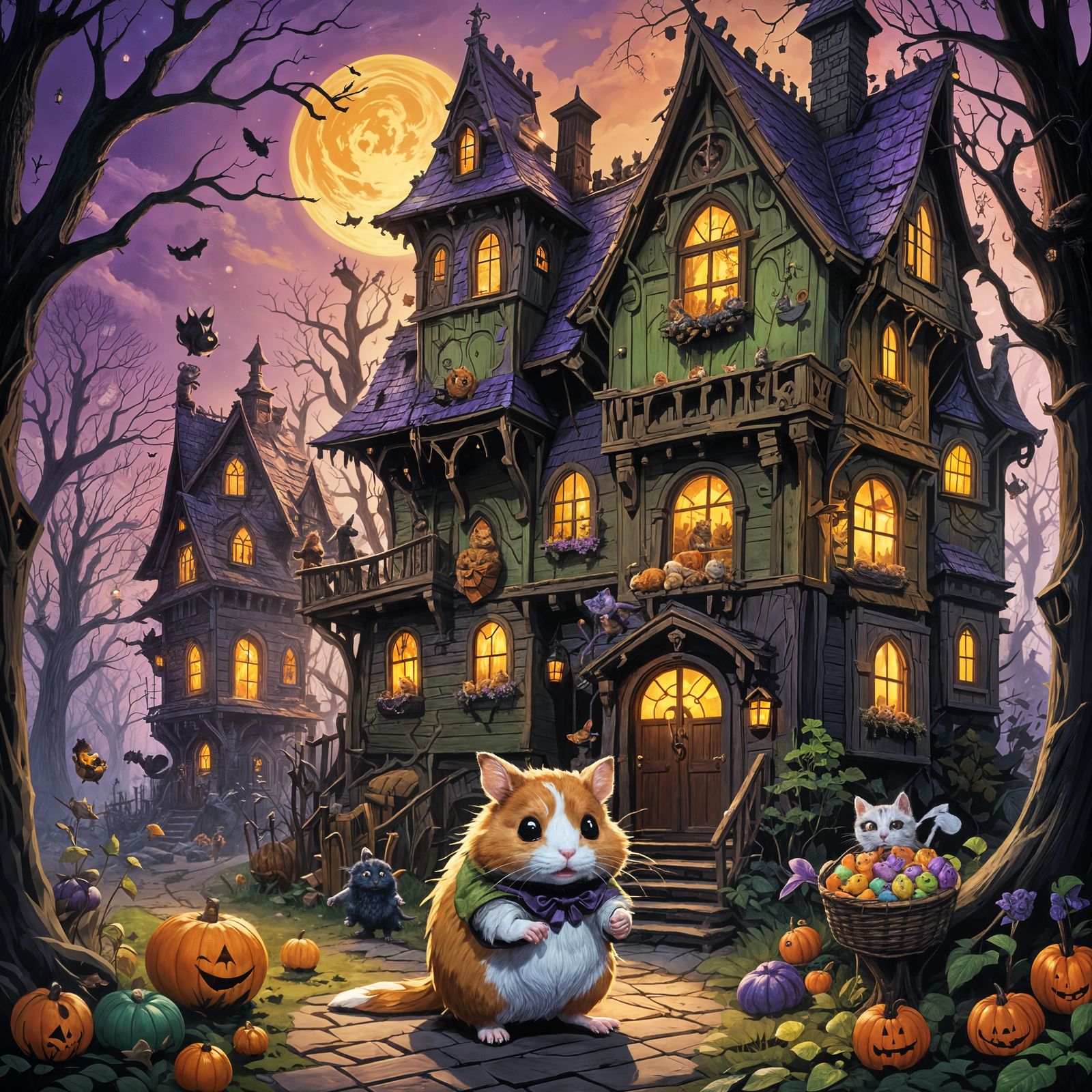 Hamster and Cat Trick-or-Treating: Fantasy Concept Art