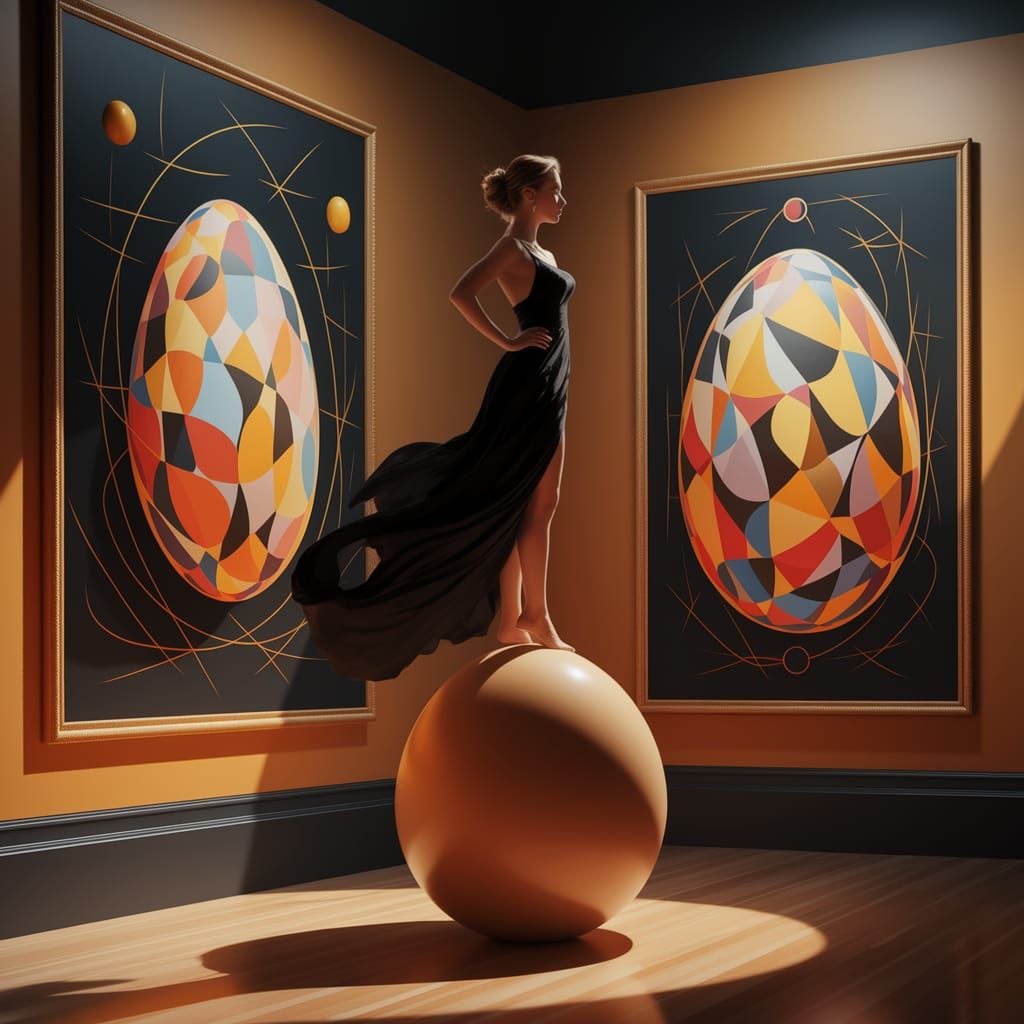 Elegant Woman Amidst Vibrant Geometric Forms in Museum Galle...