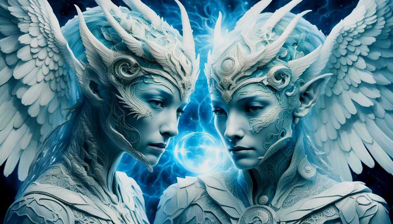 Ethereal Light Beings with White Wings in Digital Art