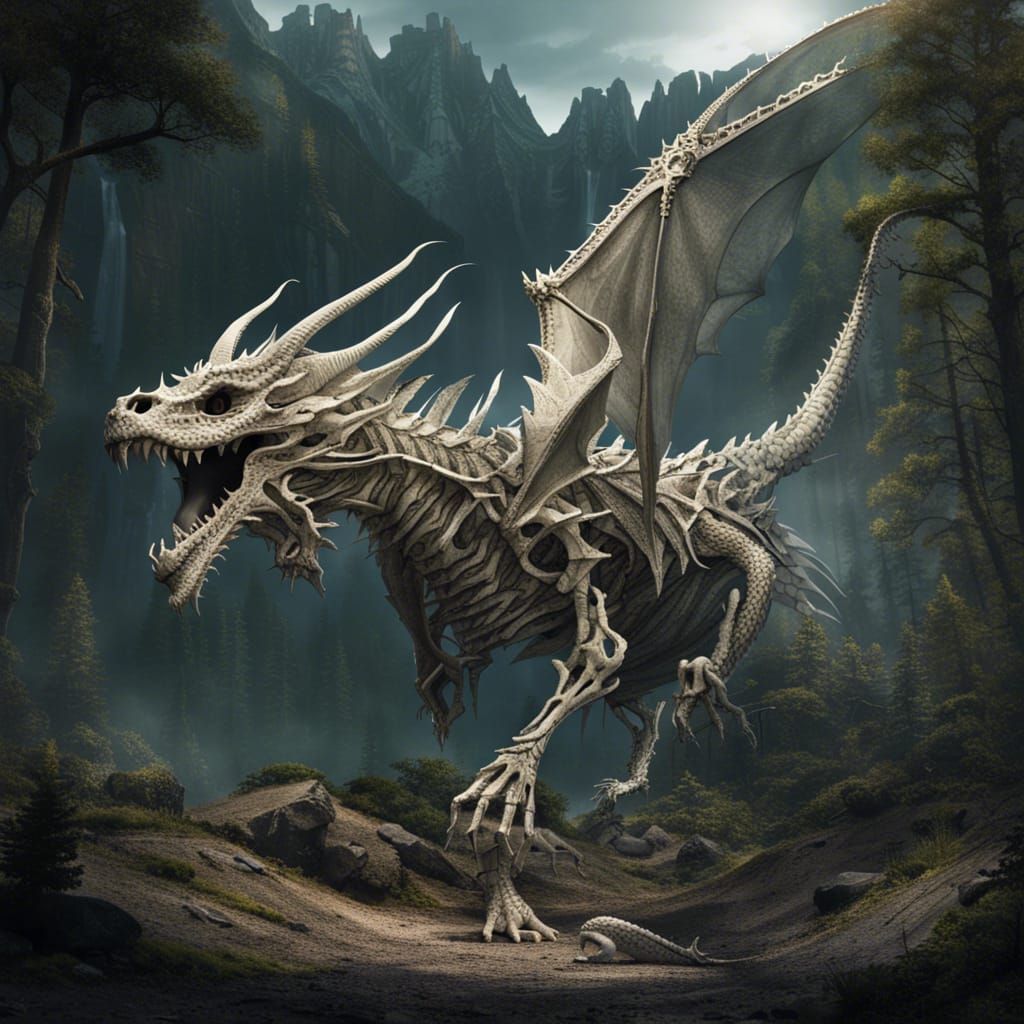 Colossal Skeletal Dragon in Haunted Forest