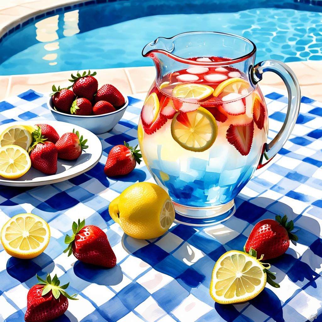 Strawberry Lemonade by the Pool in Watercolor Style