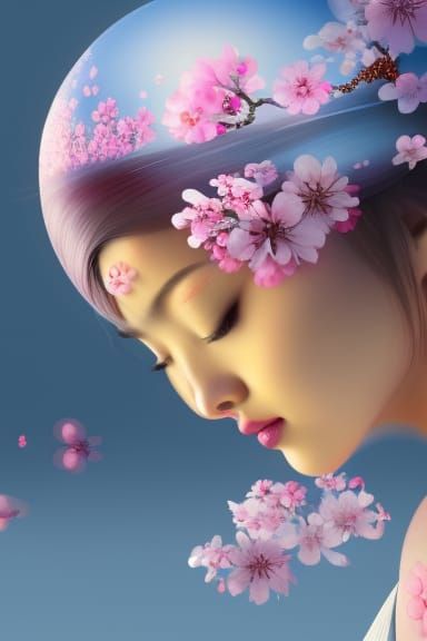 Asian Princess with Cherry Blossoms in Digital Painting