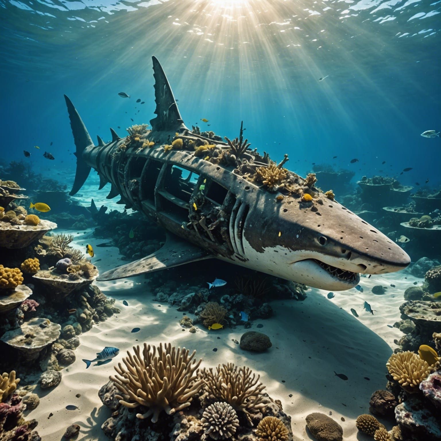 Sunlit Shark Shipwreck on Ocean Floor