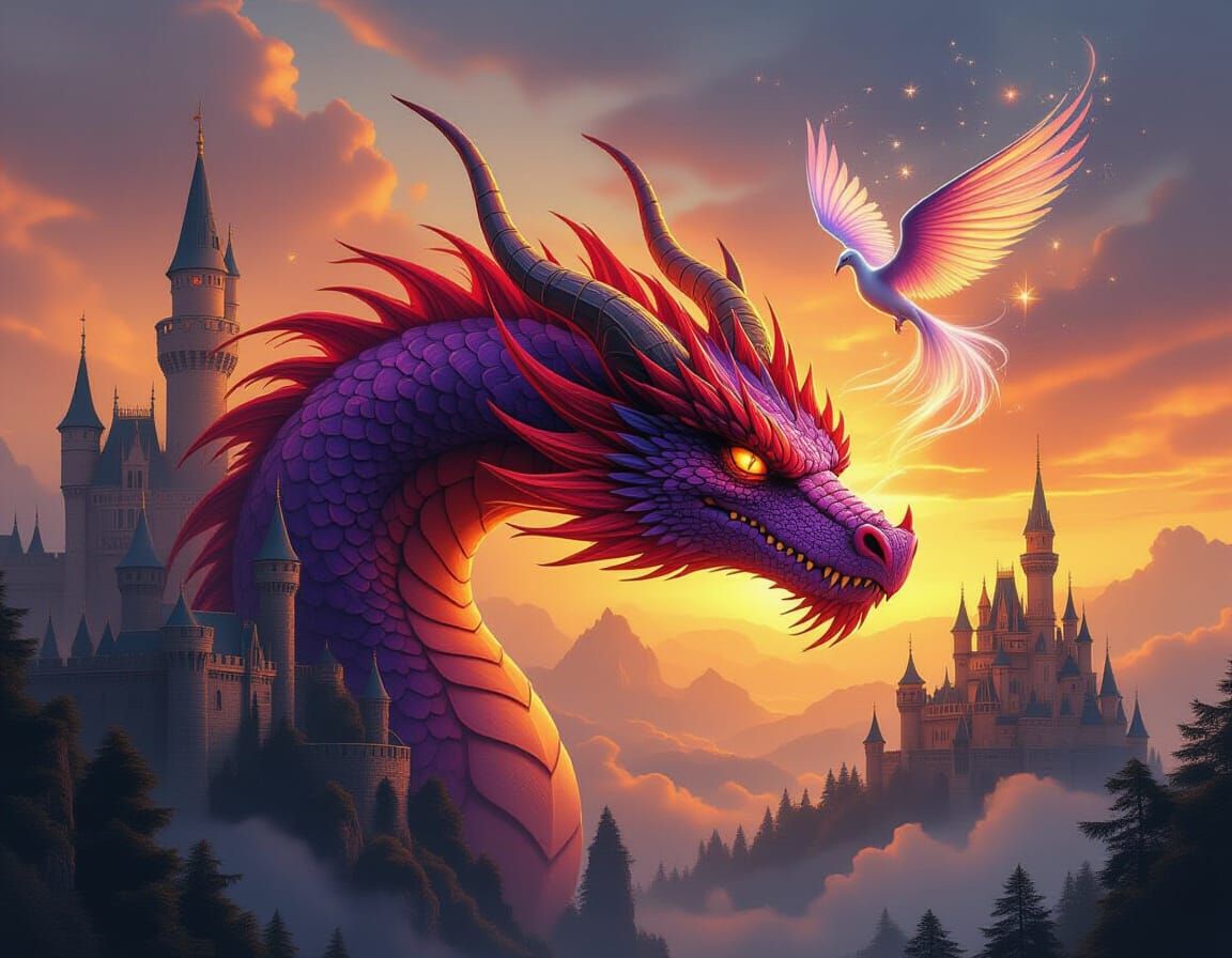 Vibrant Dragon in Airbrush Double Exposure Style