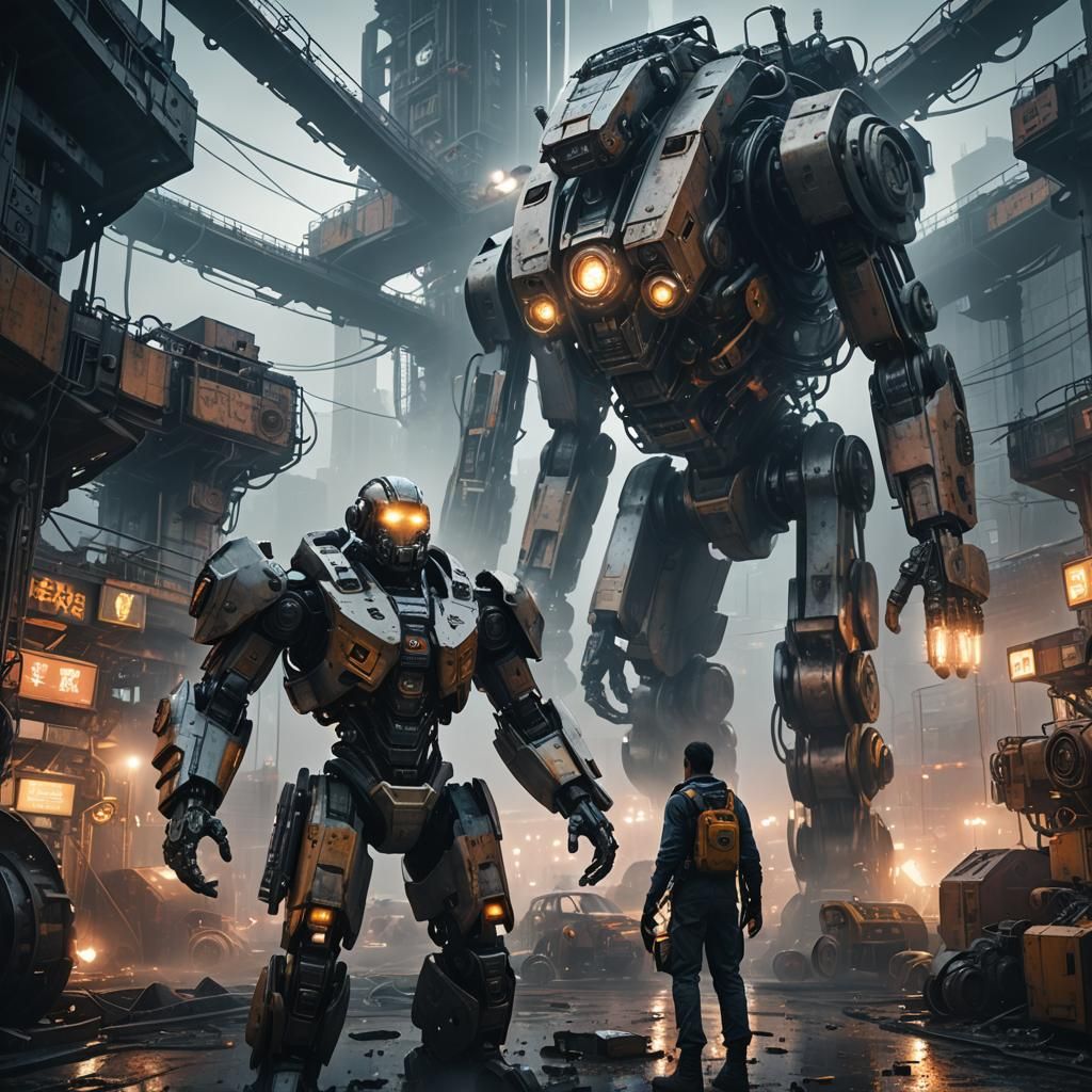 Cyborg Worker in Dystopian City Concept Art