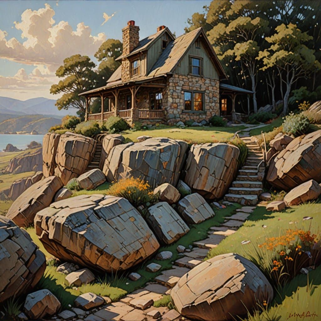 Rustic House on Rock in Detailed Oil Painting Style