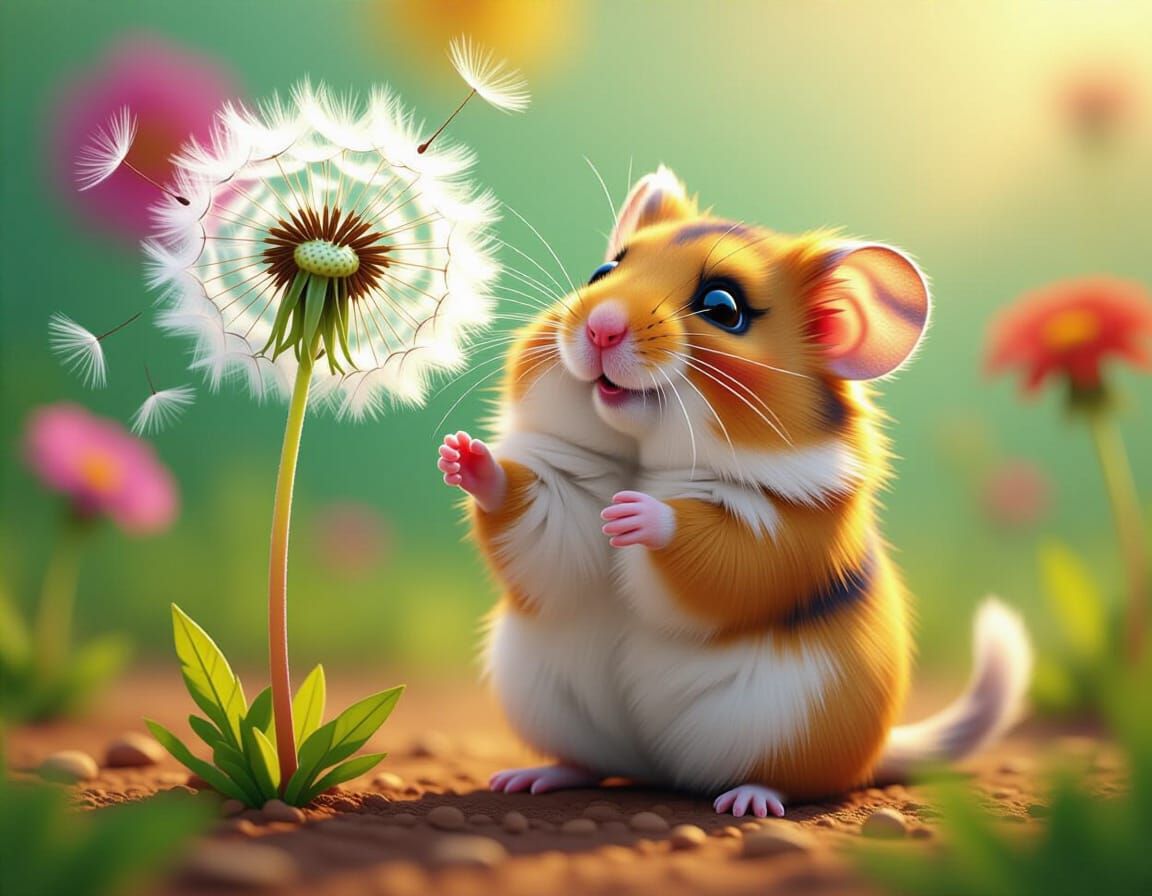 Hamster Blowing Dandelion Seeds in Hyperrealistic Style