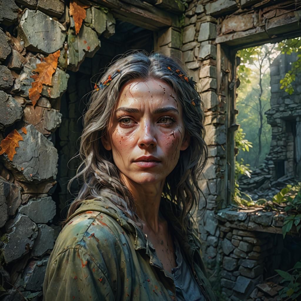 Hyperrealistic Woman in Abandoned Stone House
