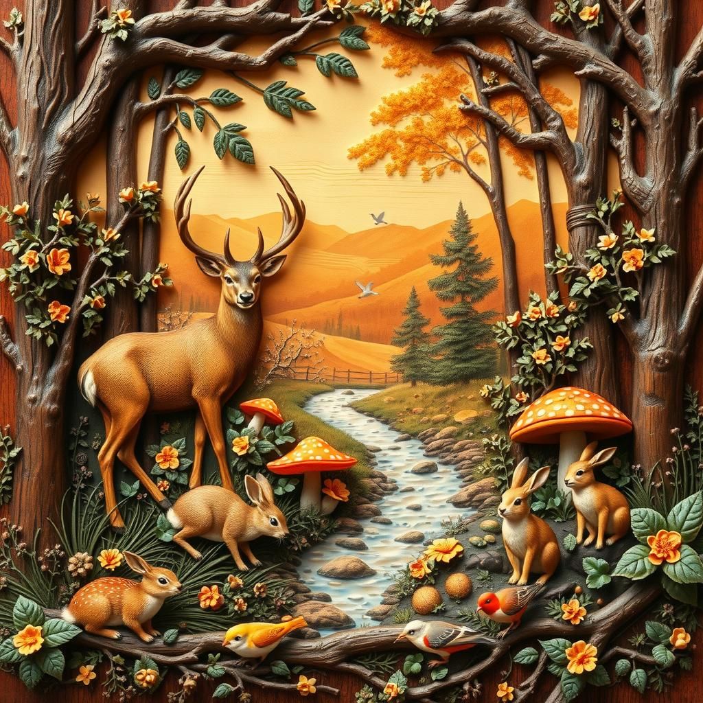 Detailed Wood Relief: Forest Scene with Animals
