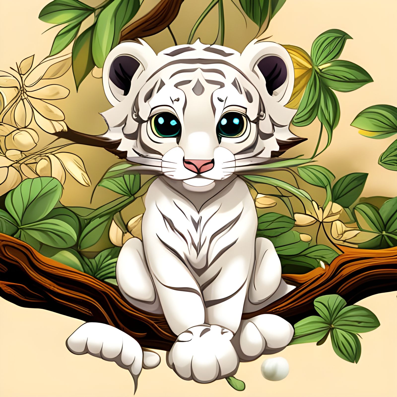 Cute White Tiger Cub: Ukiyo-e Style