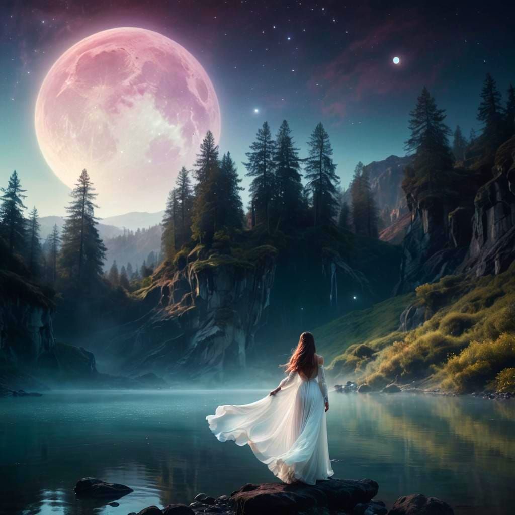 Ethereal Woman in Valley with Alien Sky