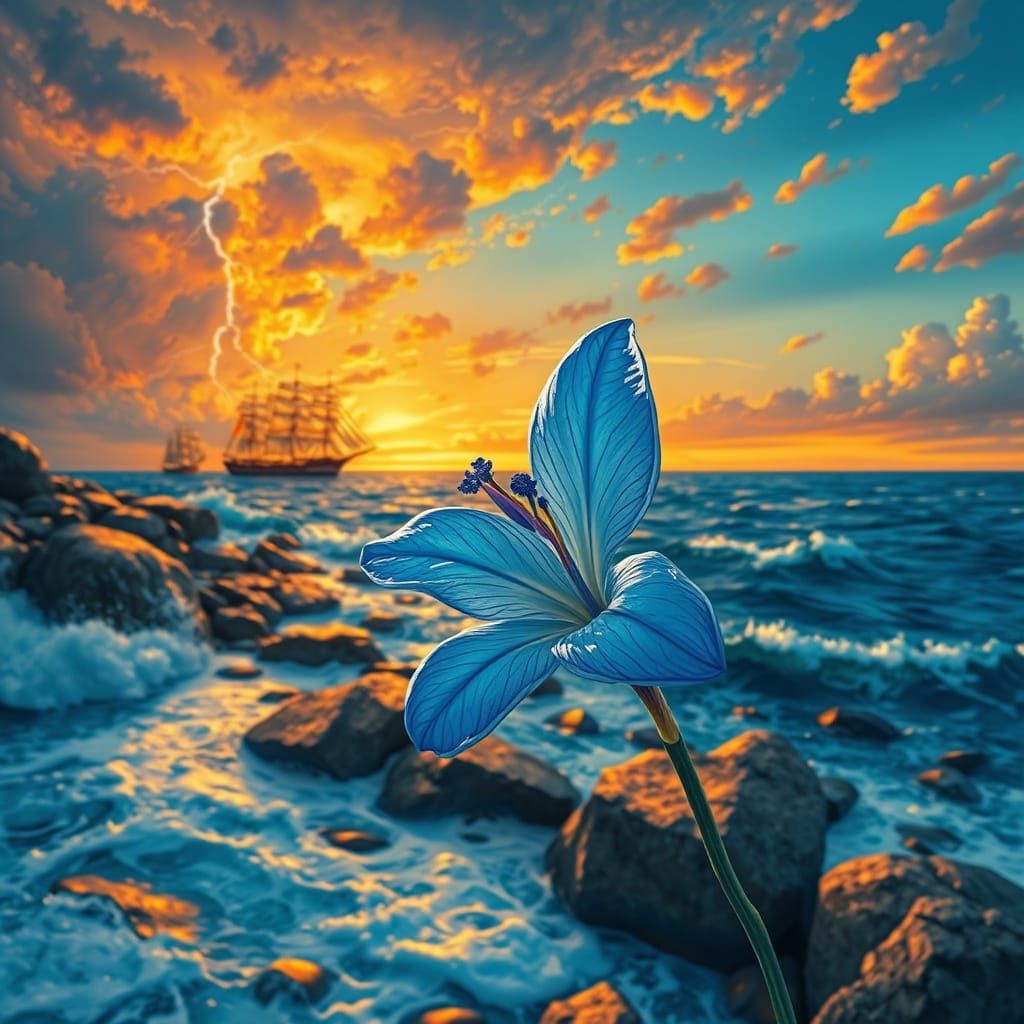 Exotic Blue Flower on Rocky Shore at Sunset
