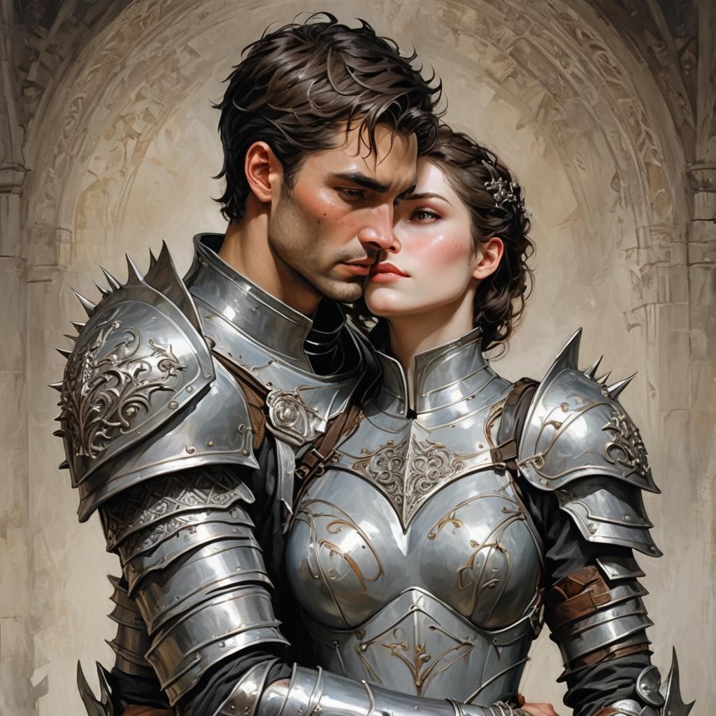 Knight and Warrior Embrace in Neon Cityscape: 3D Anime