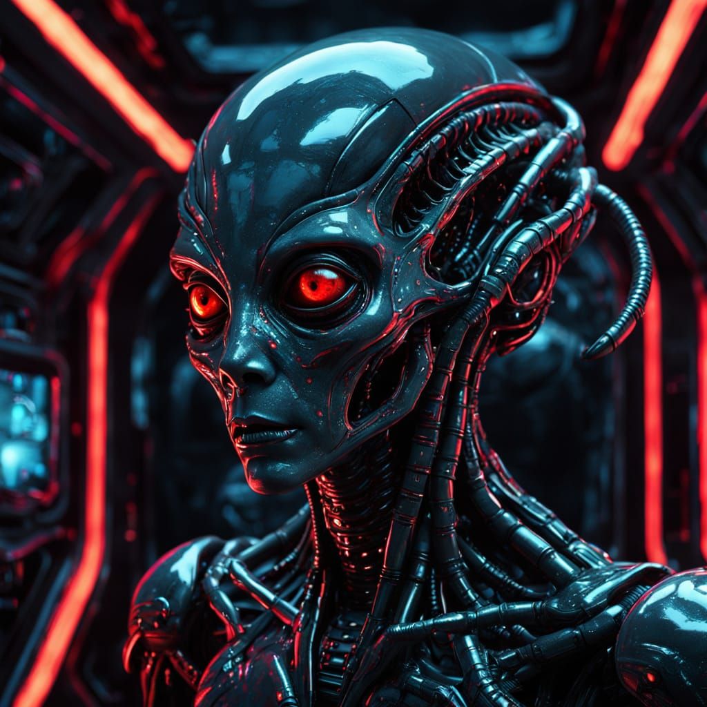 Biomechanical Alien Wife in Dystopian Space Habitat