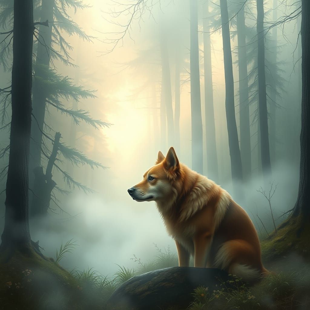 Whimsical Canine Emerge from Enchanted Forest Fog