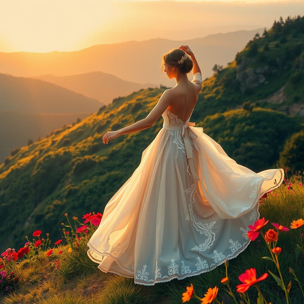 Woman Dancing on Mountain at Golden Hour
