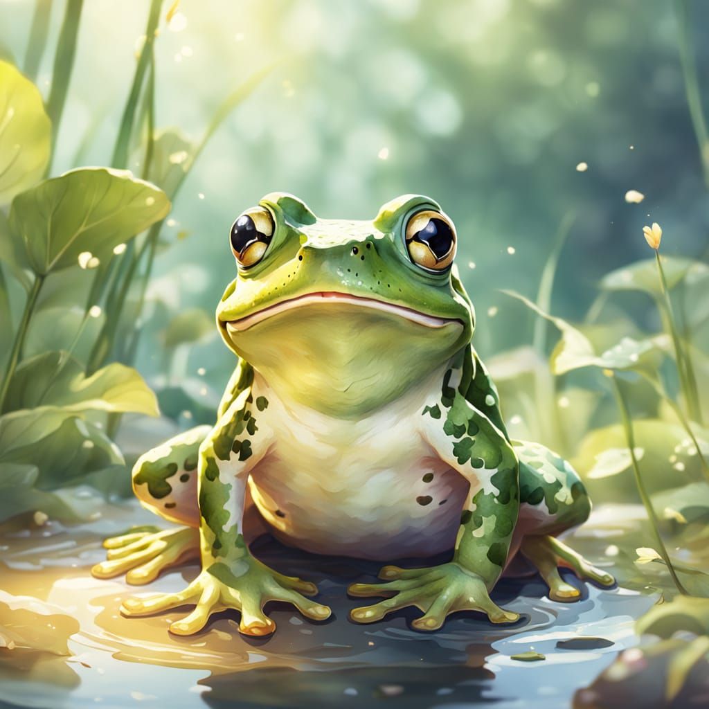 Surprised Frog in Watercolor Beatrix Potter Style