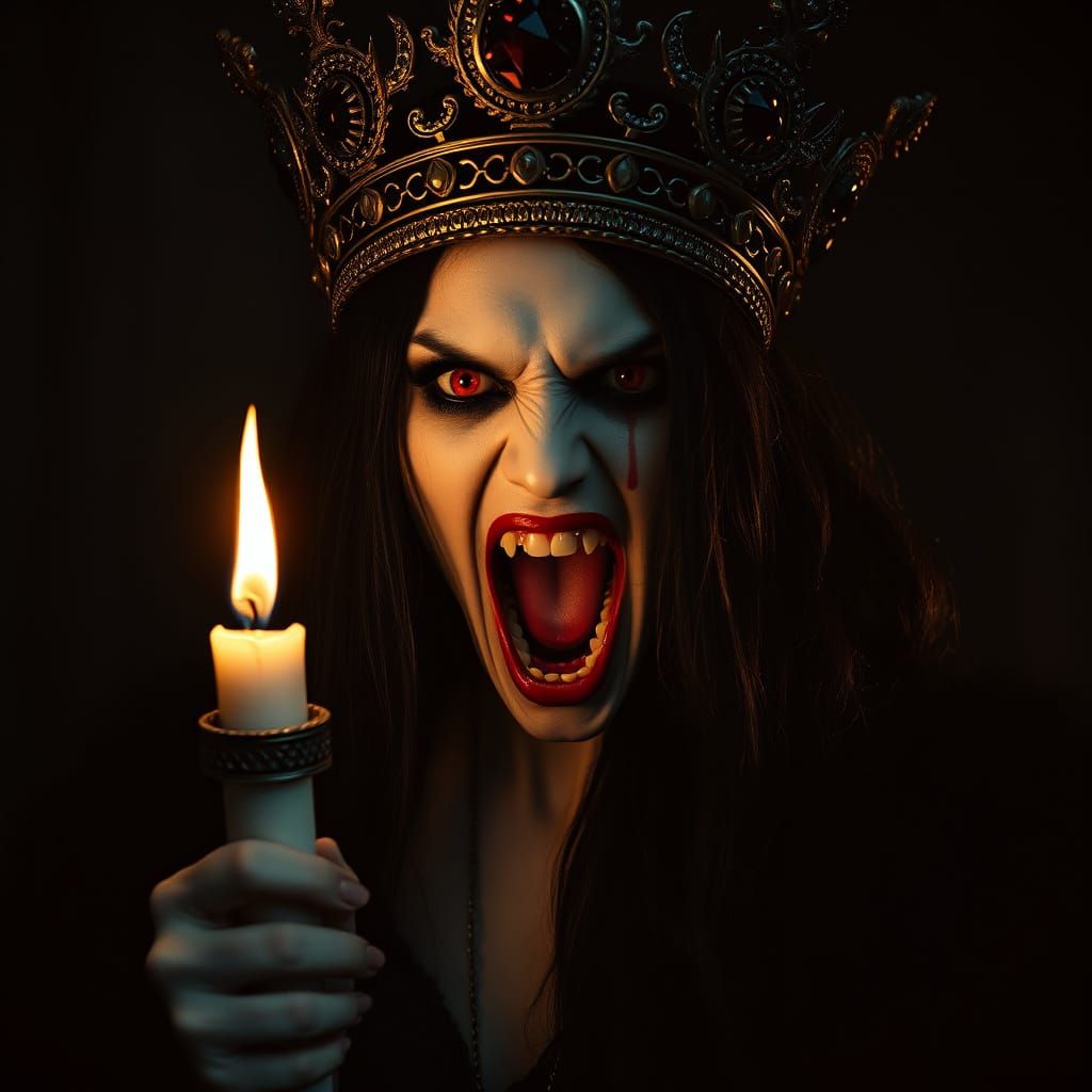 Gothic Vampire Queen in Rage with Candlelit Crown