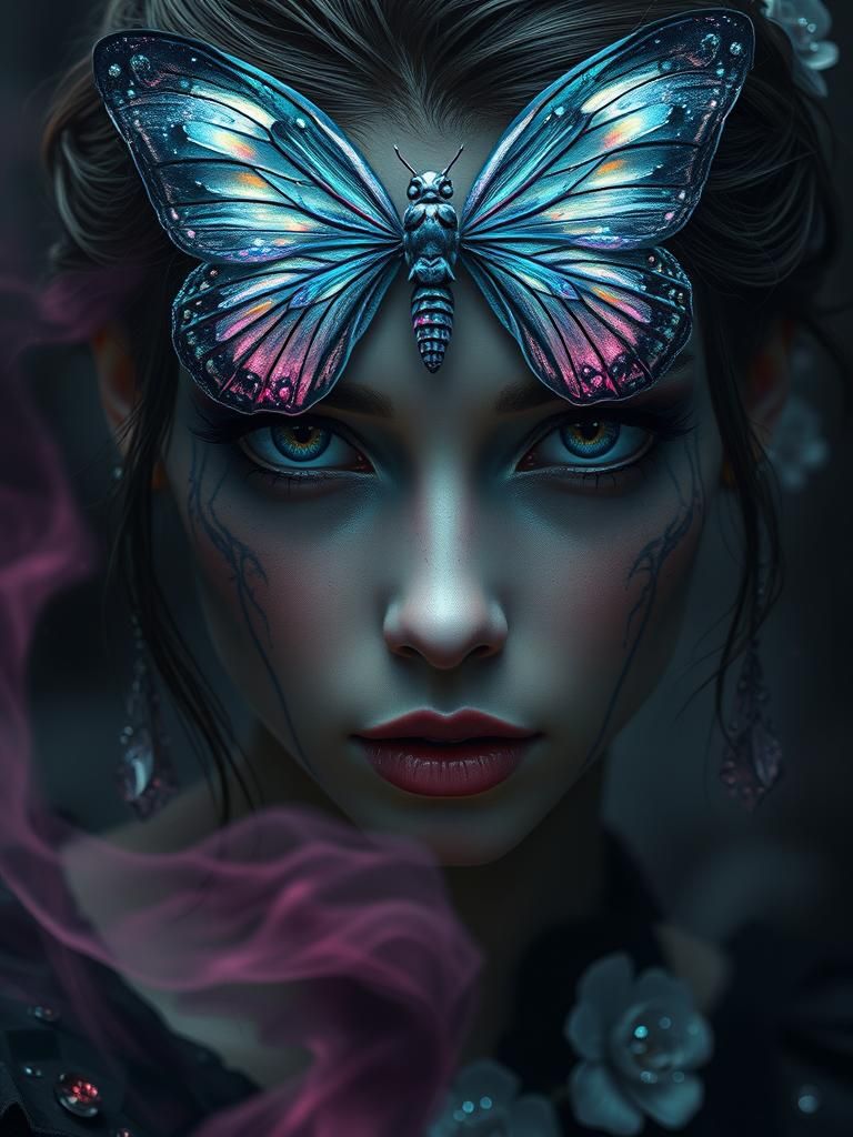 Dark Fairy Portrait with Crystal Butterfly, Digital Art