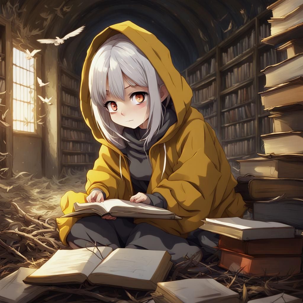 Anime Style Winged Girl Reading in Library