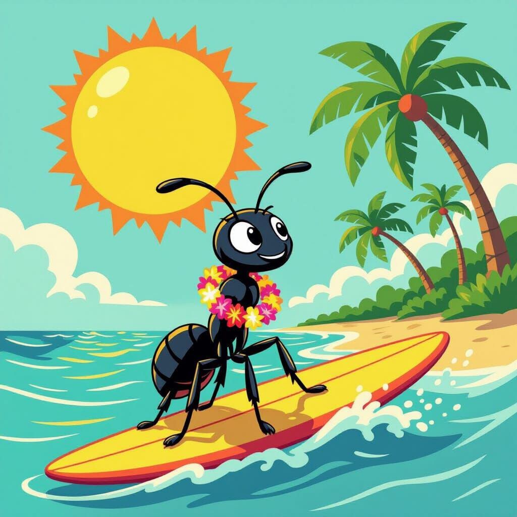 Hawaiian Ant Surfer in Cartoon Style