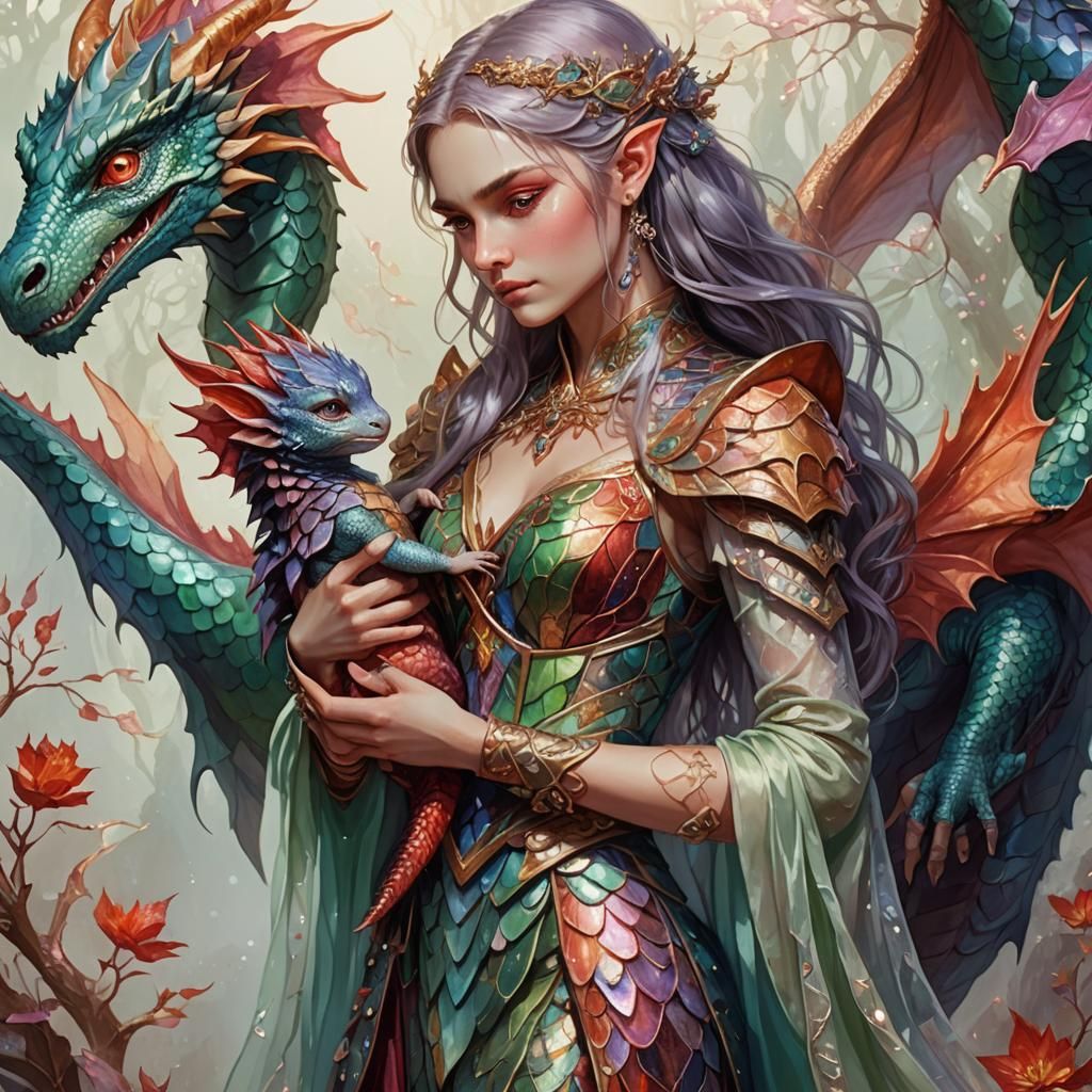 Half-Elf Girl Holds Dragon with Iridescent Scales
