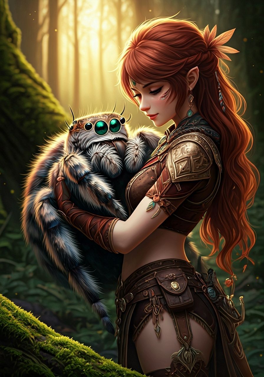 Adventurer and Spider in Lush Forest, Matte Painting