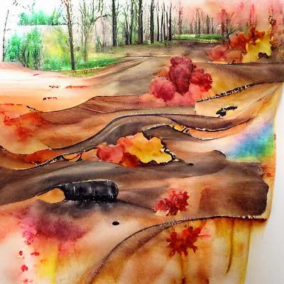 Autumnal Dirt Road and Lake in Watercolor